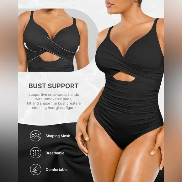 SHAPELLX Women’s Tummy Control Swimsuit V Neck Ruched Push Up Built-in Bra - Picture 2 of 10